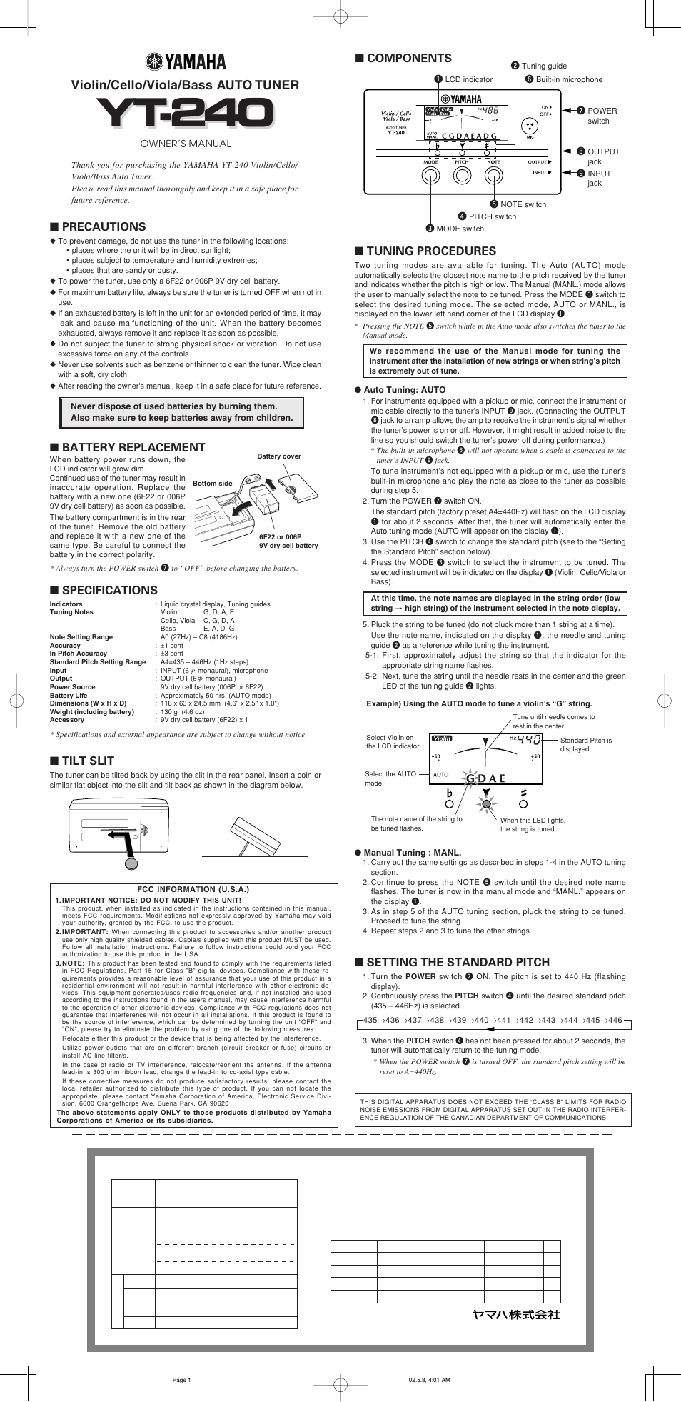 Yt-240, Violin/cello/viola/bass auto tuner, Battery replacement ■ precautions | Tilt slit, Specifications, Setting the standard pitch, Tuning procedures, Components | Yamaha YT-240 User Manual | Page 2 / 7