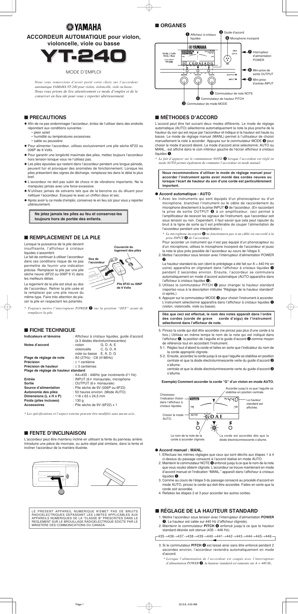 Yt-240, Precautions, Fente d’inclinaison | Remplacement de la pile, Fiche technique, Réglage de la hauteur standard, Méthodes d’accord, Organes | Yamaha YT-240 User Manual | Page 3 / 7