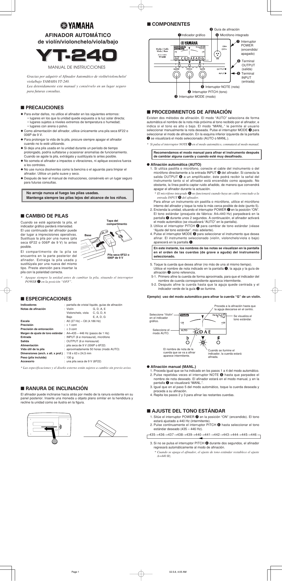 Yt-240, Cambio de pilas ■ precauciones, Ranura de inclinación | Especificaciones, Ajuste del tono estándar, Procedimientos de afinación, Componentes | Yamaha YT-240 User Manual | Page 5 / 7