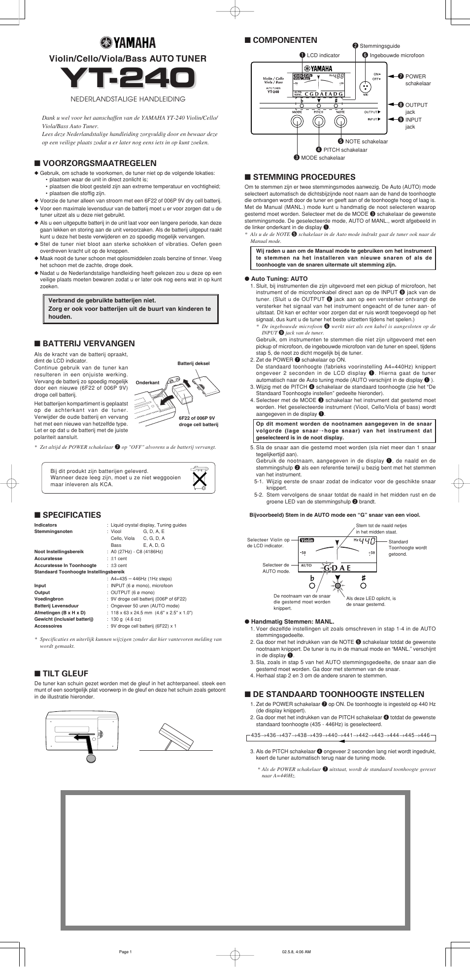 Yt-240, Violin/cello/viola/bass auto tuner, Componenten | De standaard toonhoogte instellen, Tilt gleuf, Batterij vervangen ■ voorzorgsmaatregelen, Specificaties, Stemming procedures | Yamaha YT-240 User Manual | Page 7 / 7