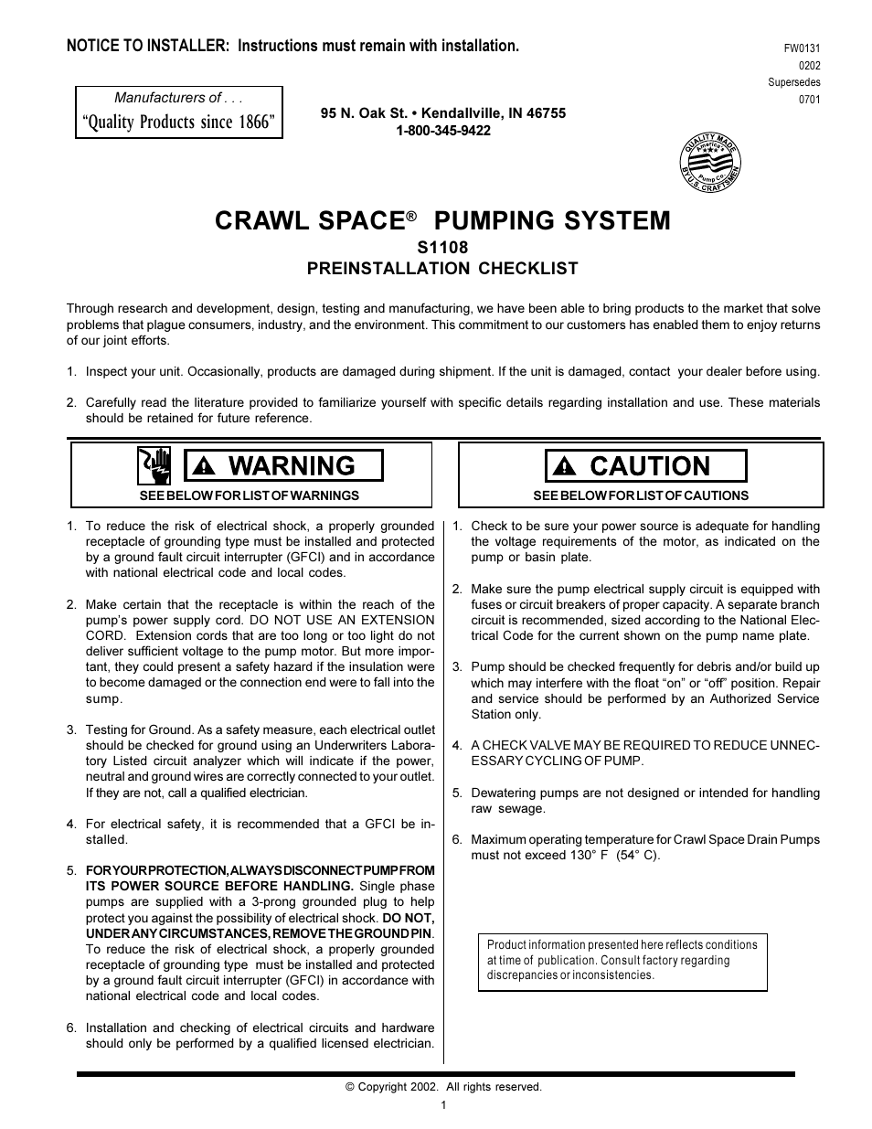 Star Water Systems S1108 User Manual | 8 pages