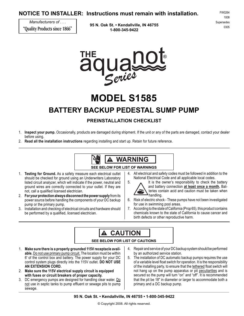 Star Water Systems S1585 User Manual | 8 pages