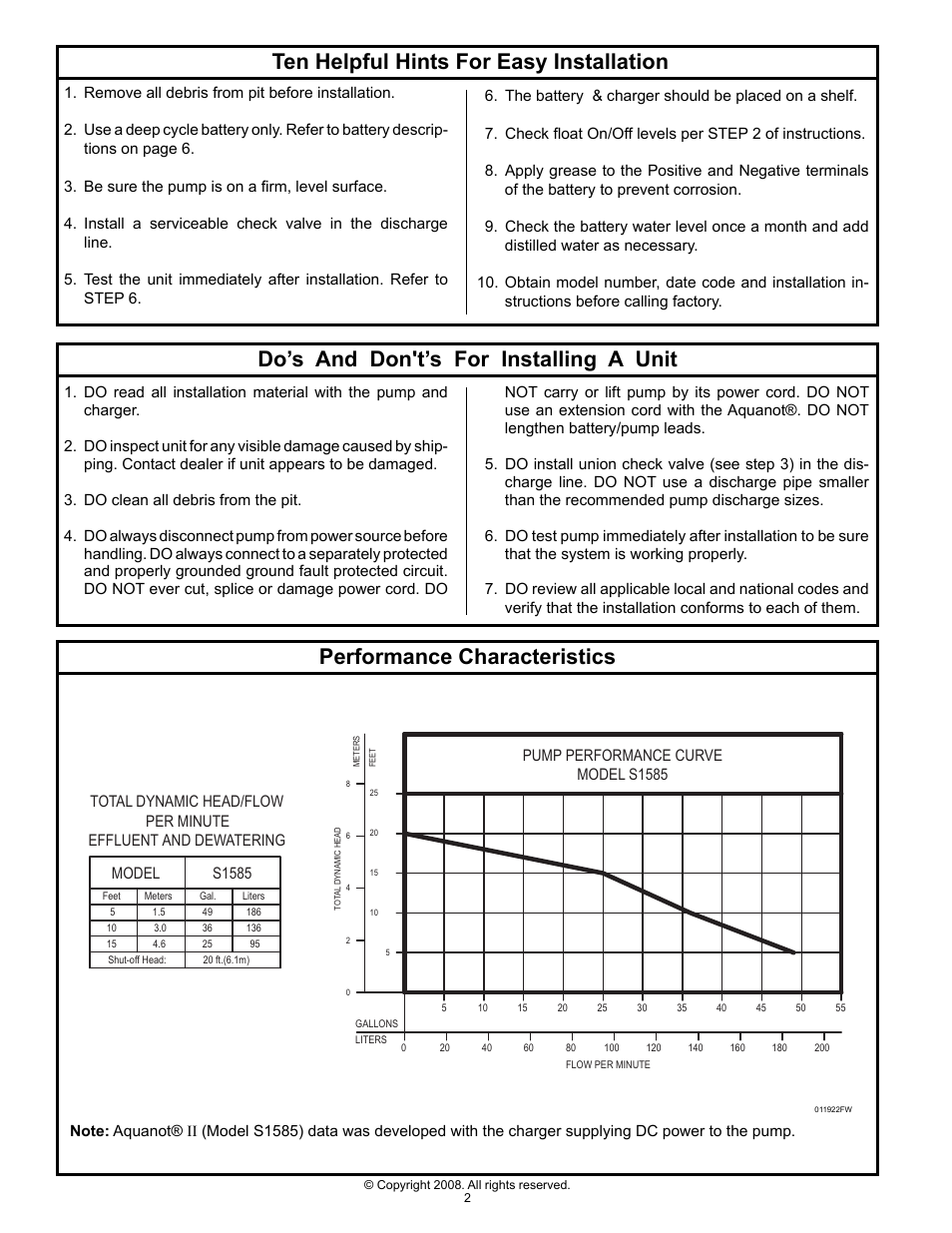Performance characteristics, Model, S1585 | Pump performance curve model s1585 | Star Water Systems S1585 User Manual | Page 2 / 8