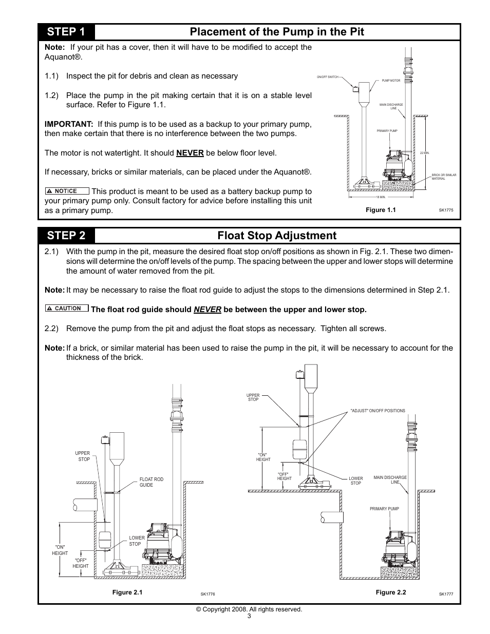 Step 2 float stop adjustment, Step 1 placement of the pump in the pit | Star Water Systems S1585 User Manual | Page 3 / 8