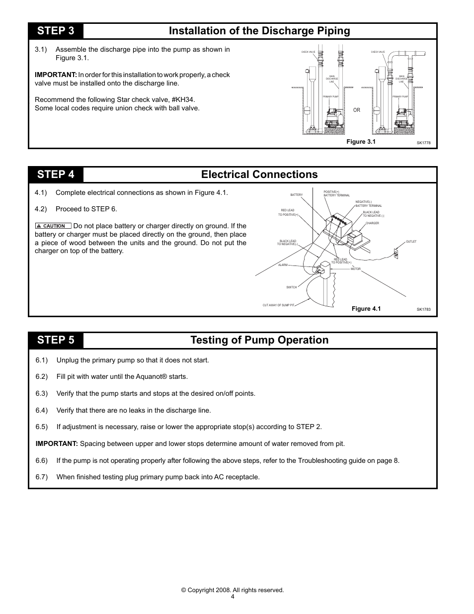 Step 4 electrical connections, Step 5 testing of pump operation, Step 3 installation of the discharge piping | Star Water Systems S1585 User Manual | Page 4 / 8