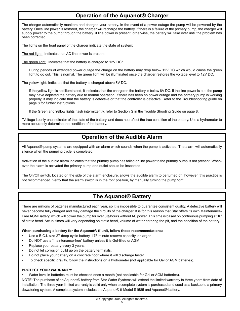 Operation of the aquanot® charger, Operation of the audible alarm, The aquanot® battery | Star Water Systems S1585 User Manual | Page 5 / 8