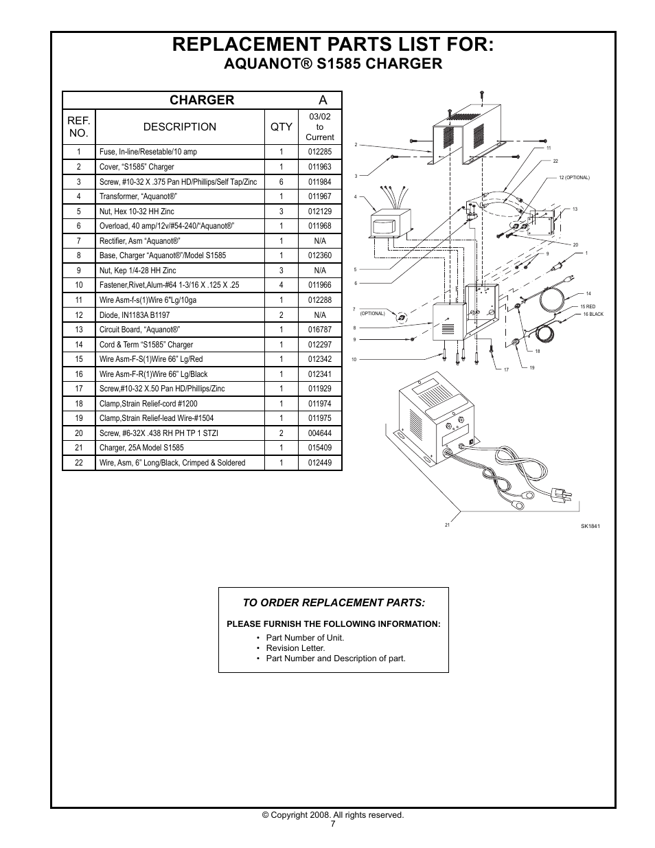 Replacement parts list for, Aquanot® s1585 charger, Charger | Ref. no. description qty | Star Water Systems S1585 User Manual | Page 7 / 8