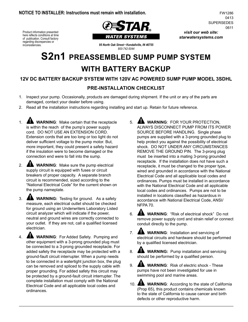 Star Water Systems 3SDHL User Manual | 6 pages