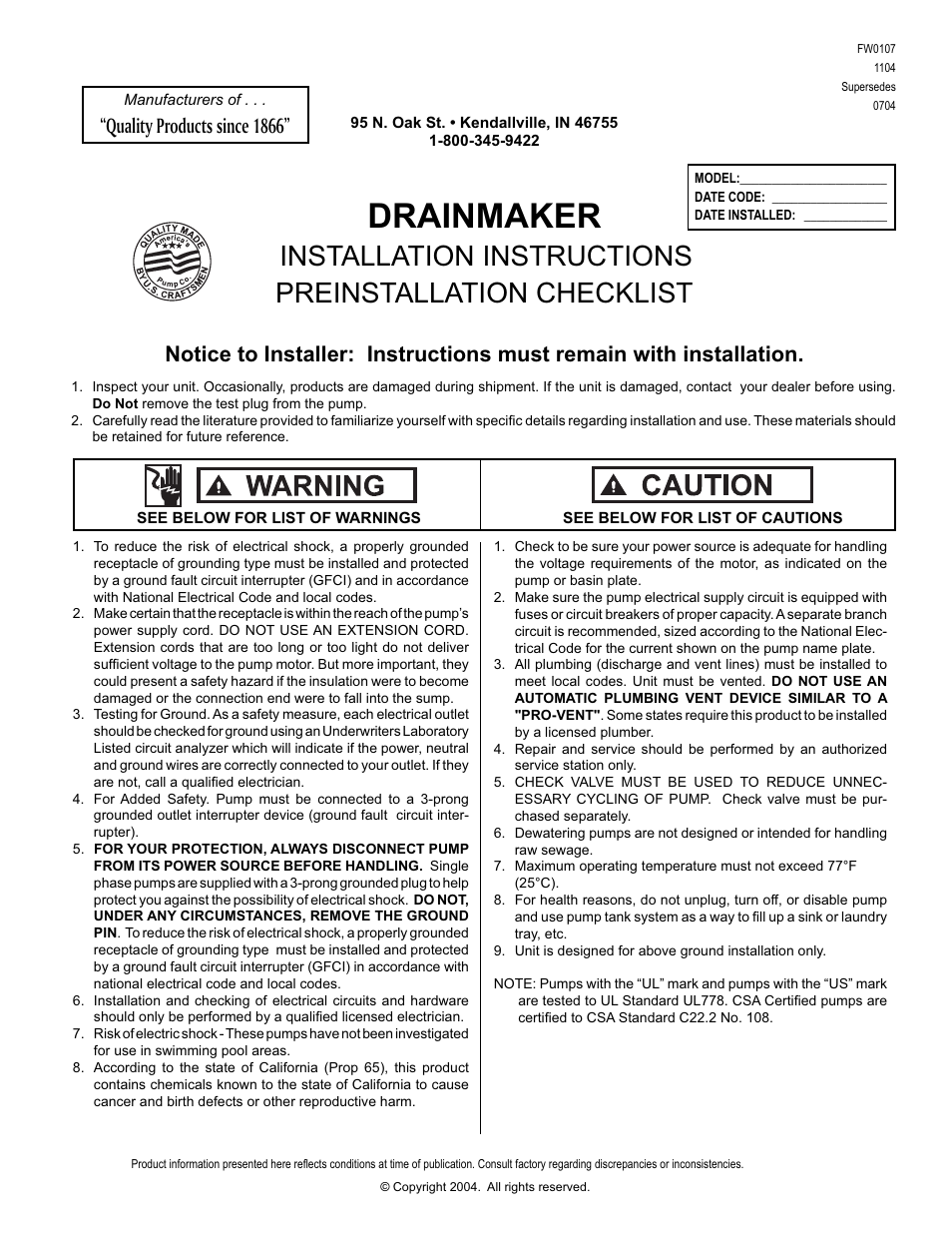 Star Water Systems S1104 User Manual | 8 pages