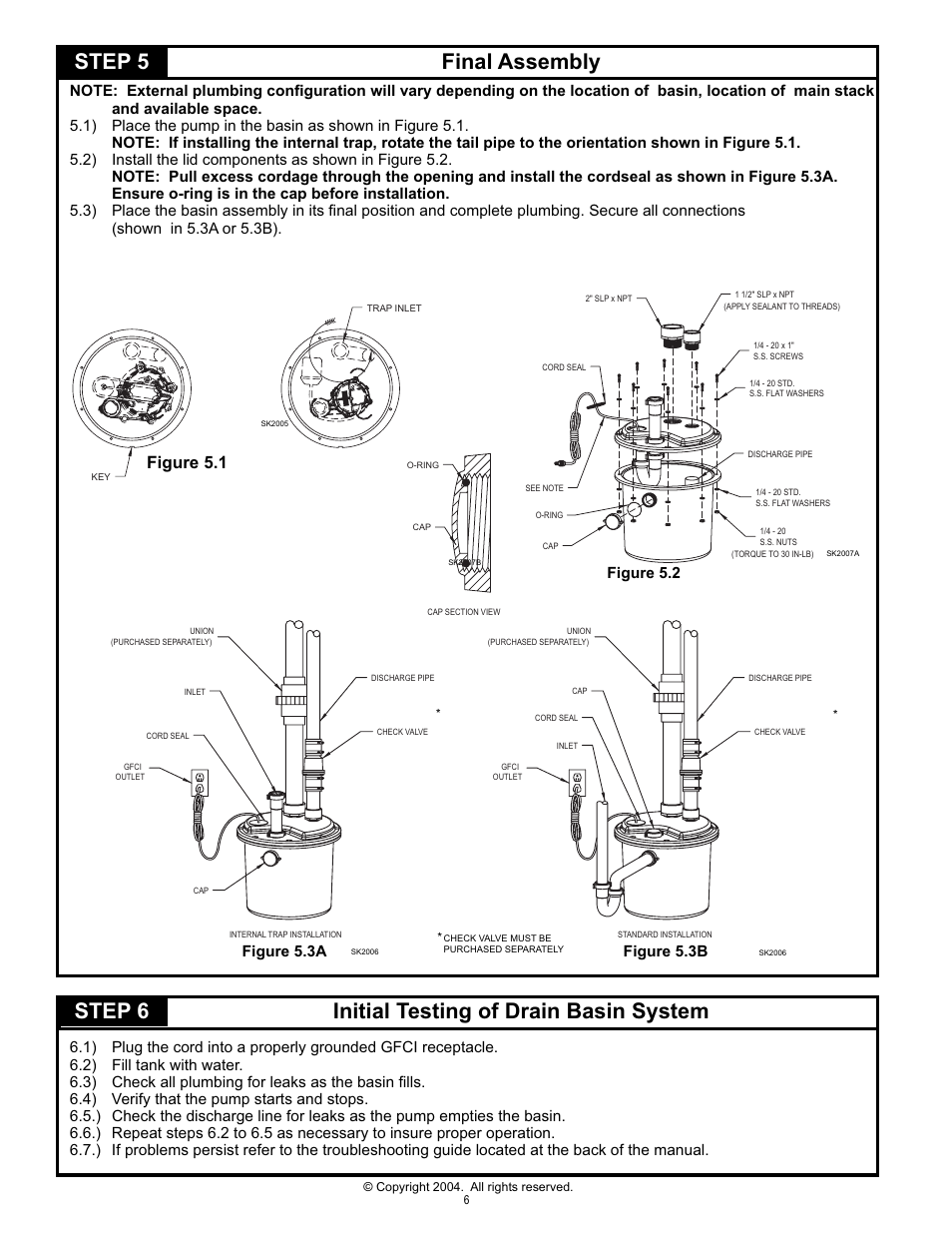 Step 5 final assembly, Step 6 initial testing of drain basin system, Figure 5.1 | Star Water Systems S1104 User Manual | Page 6 / 8