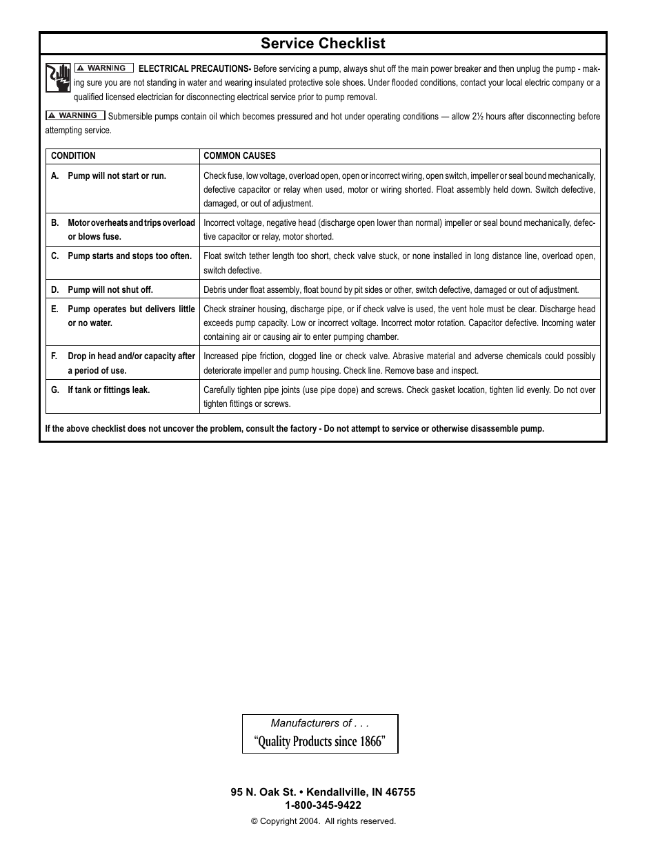 Service checklist, Quality products since 1866 | Star Water Systems S1104 User Manual | Page 8 / 8