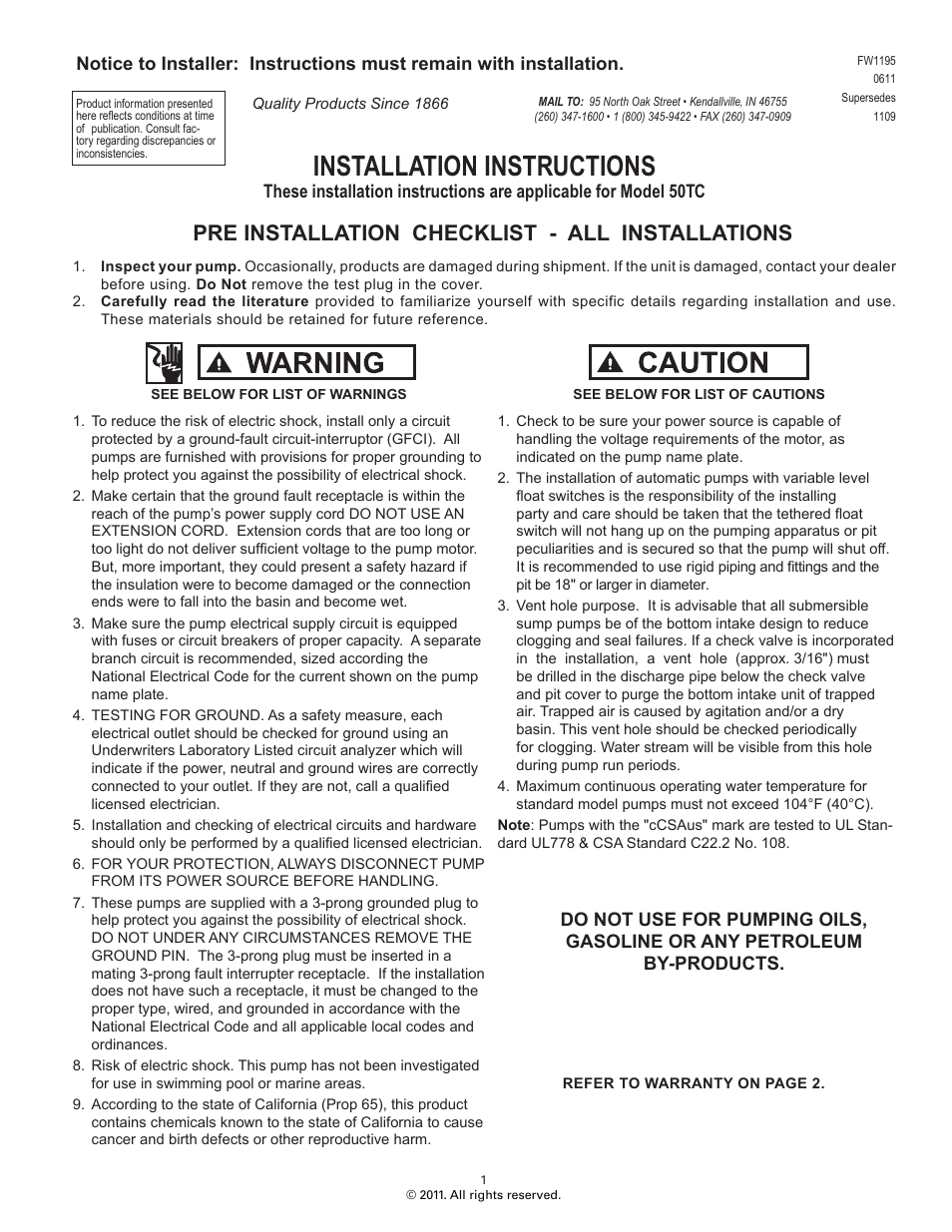 Star Water Systems 50TC User Manual | 4 pages