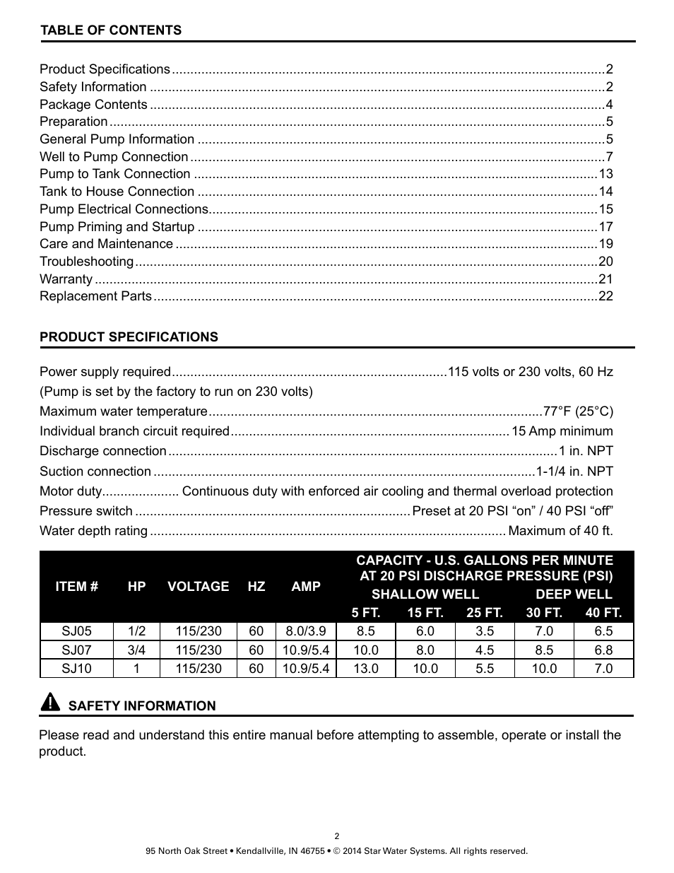 Star Water Systems SJ10 User Manual | Page 2 / 22