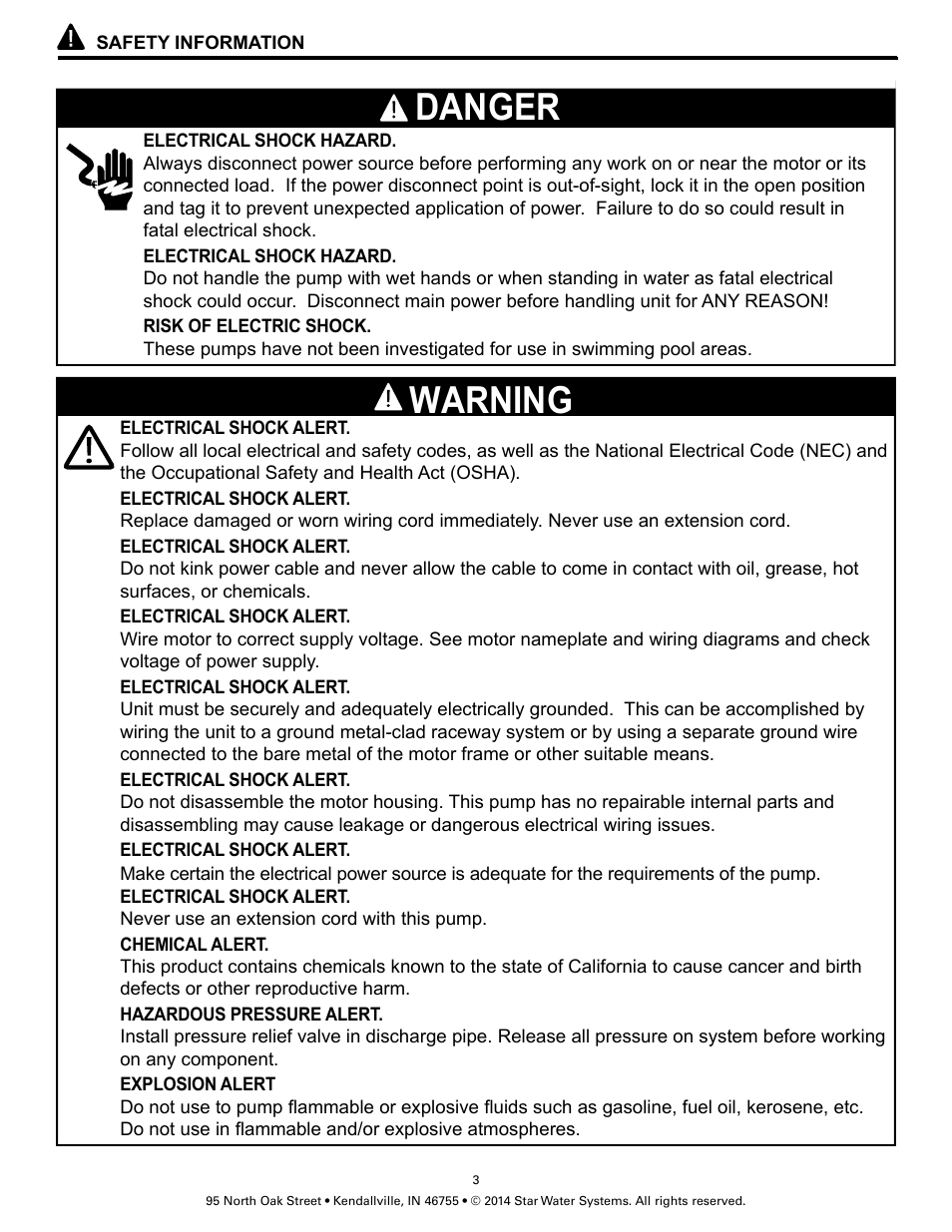 Danger, Warning | Star Water Systems SJ10 User Manual | Page 3 / 22