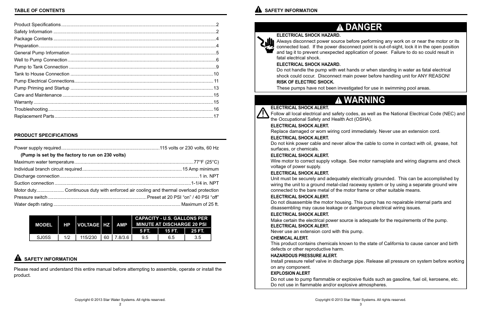 Danger, Warning | Star Water Systems SJ05S User Manual | Page 2 / 9