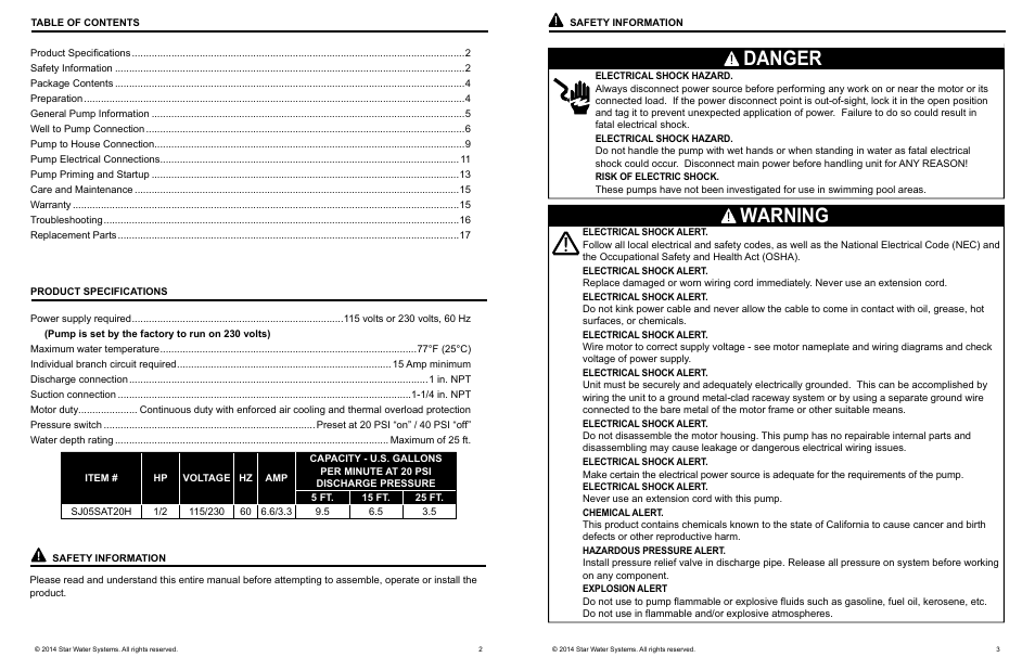 Danger, Warning | Star Water Systems SJ05SAT20H User Manual | Page 2 / 9