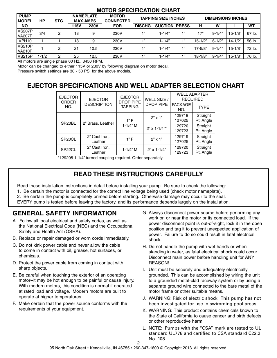 Read these instructions carefully, General safety information, Motor specification chart | Star Water Systems VPH SERIES User Manual | Page 2 / 8