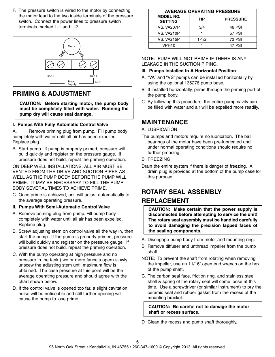 Priming & adjustment, Maintenance, Rotary seal assembly replacement | Star Water Systems VPH SERIES User Manual | Page 5 / 8