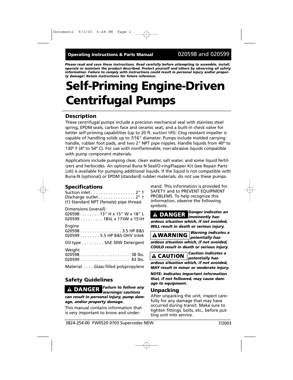 Star Water Systems FW0520 Gas Pump User Manual | 12 pages