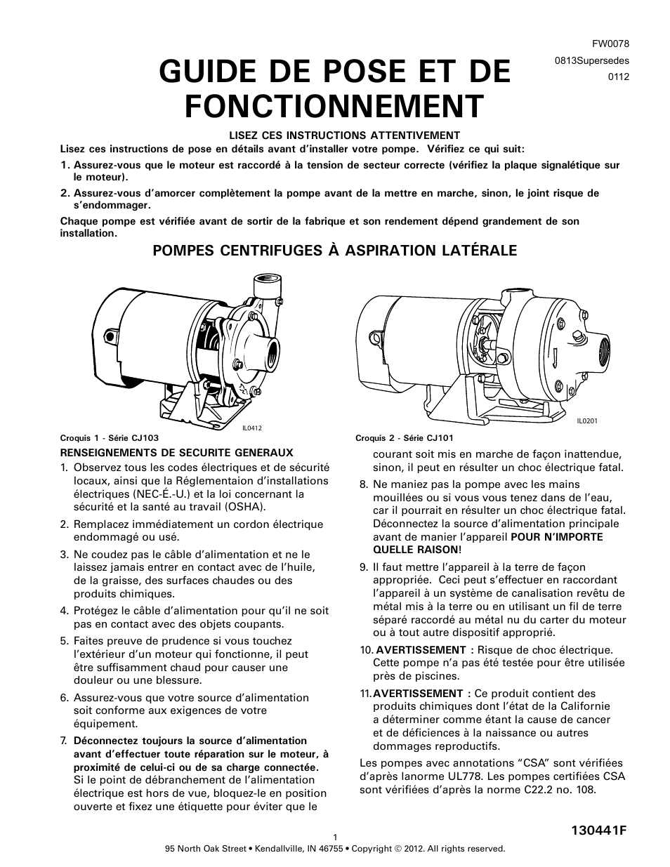Guide de pose et de fonctionnement, Pompes centrifuges à aspiration latérale | Star Water Systems CJ101 (Flint & Walling) User Manual | Page 15 / 21