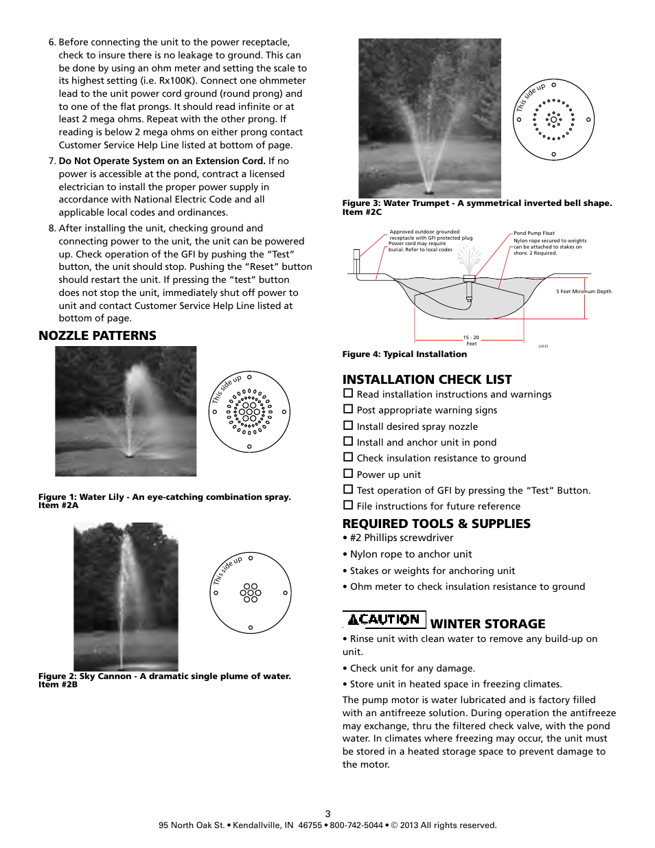 Nozzle patterns, Installation check list, Required tools & supplies | Winter storage | Flint & Walling 115V Pond and Fountain Systems FPS0501 User Manual | Page 3 / 4
