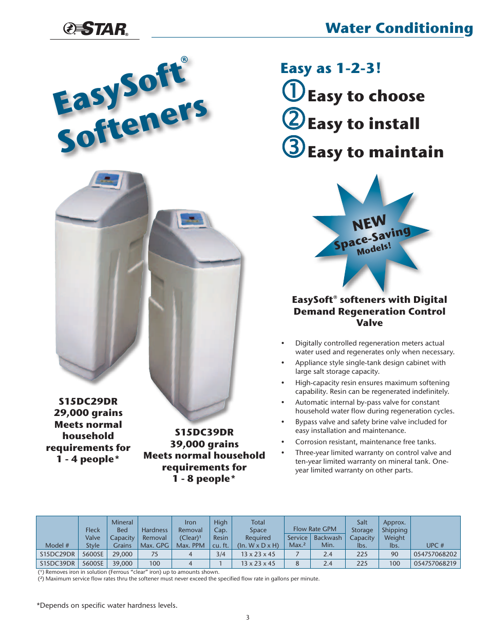 Easysof t, Softeners, Easy to choose | Easy to install, Easy to maintain, Water conditioning, Easy as 1-2-3, Space-sa ving | Star Water Systems SW0004 Star Water Conditioning User Manual | Page 3 / 12