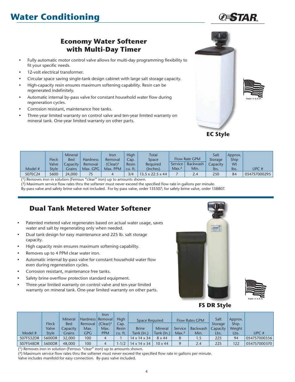 Water conditioning, Economy water softener with multi-day timer, Dual tank metered water softener | Ec style, Fs dr style | Star Water Systems SW0004 Star Water Conditioning User Manual | Page 4 / 12