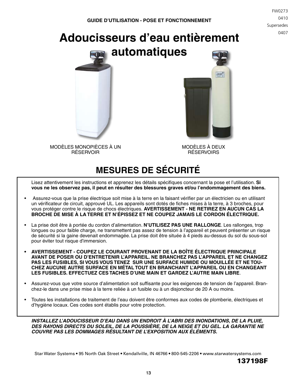 Adoucisseurs d’eau entièrement automatiques, Mesures de sécurité | Star Water Systems Water Softener User Manual | Page 13 / 38