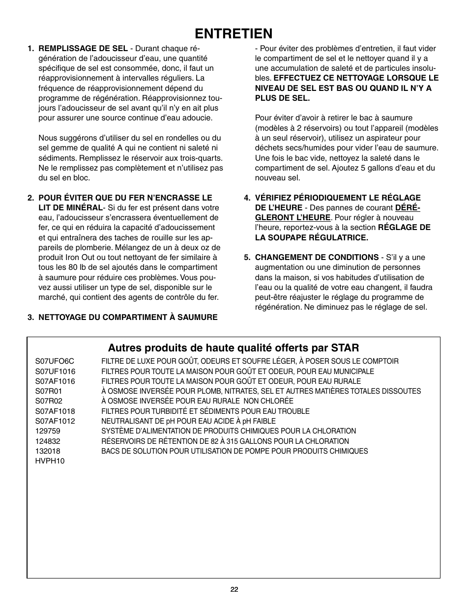 Entretien, Autres produits de haute qualité offerts par star | Star Water Systems Water Softener User Manual | Page 22 / 38