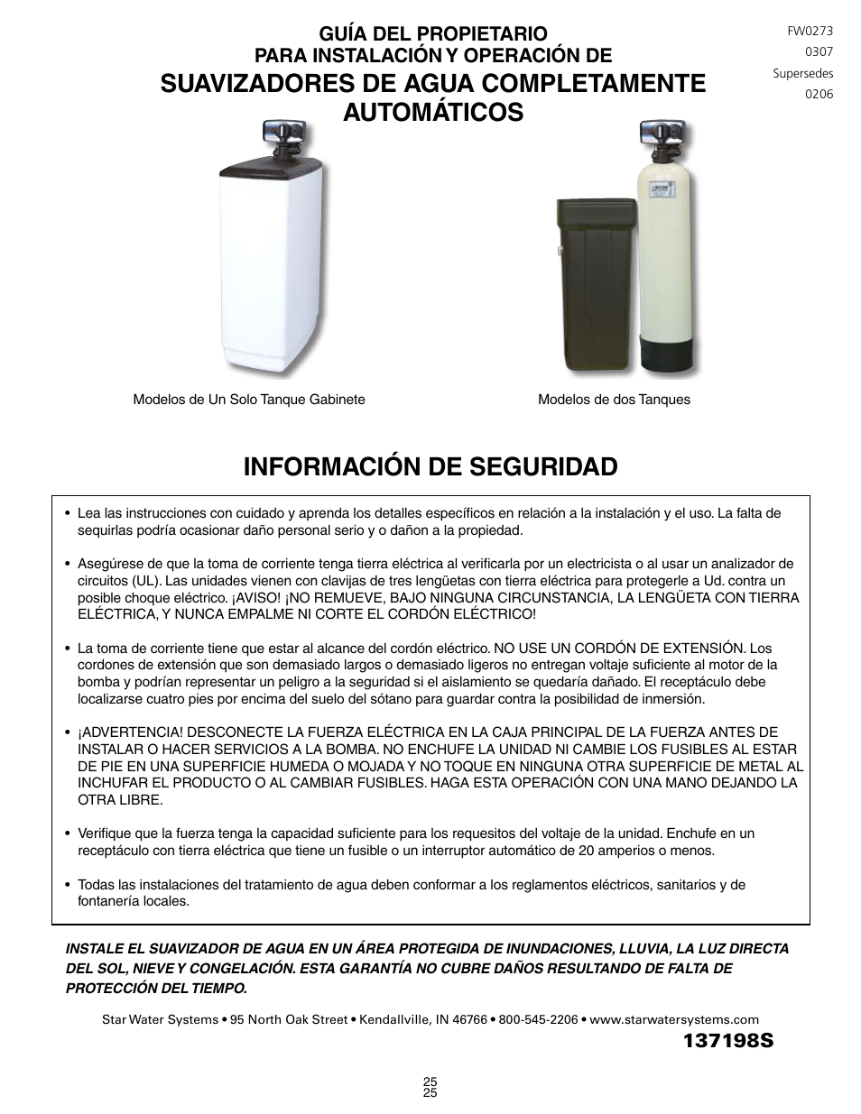 Información de seguridad, Suavizadores de agua completamente automáticos | Star Water Systems Water Softener User Manual | Page 25 / 38