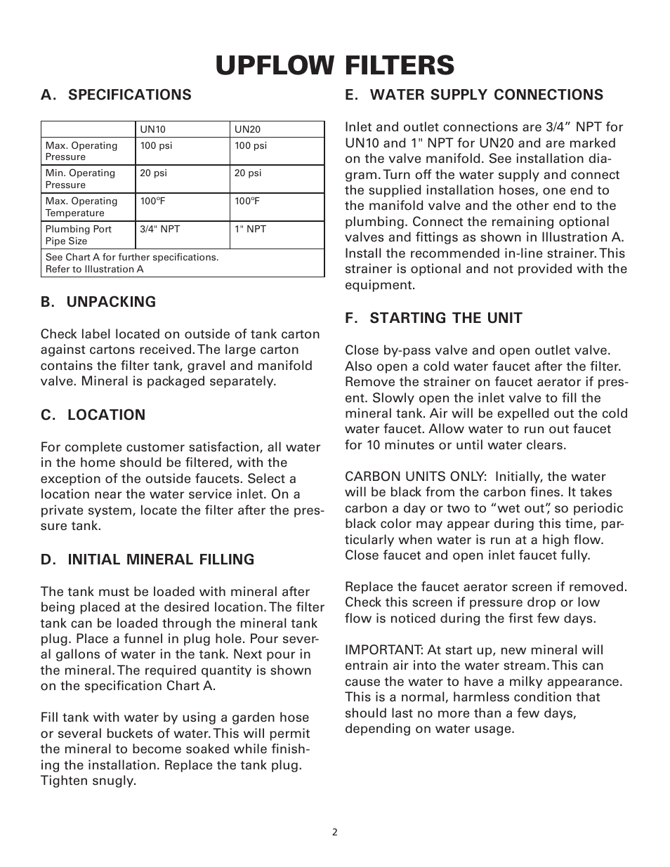 Upflow filters, A. specifications, B. unpacking | C. location, D. initial mineral filling, E. water supply connections, F. starting the unit | Star Water Systems Upflow filter User Manual | Page 2 / 4