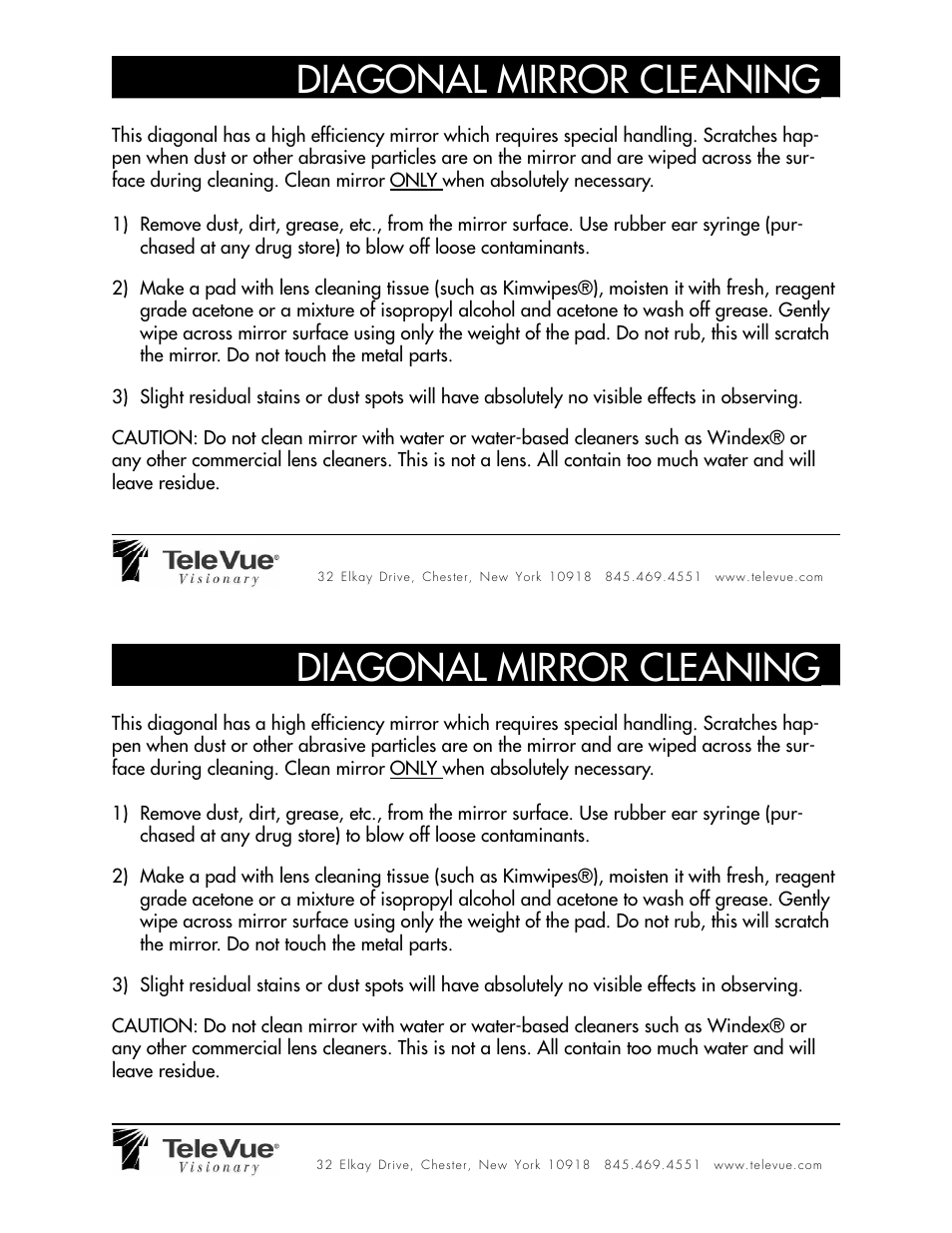 Tele Vue Diagonal Mirror Cleaning User Manual | 1 page