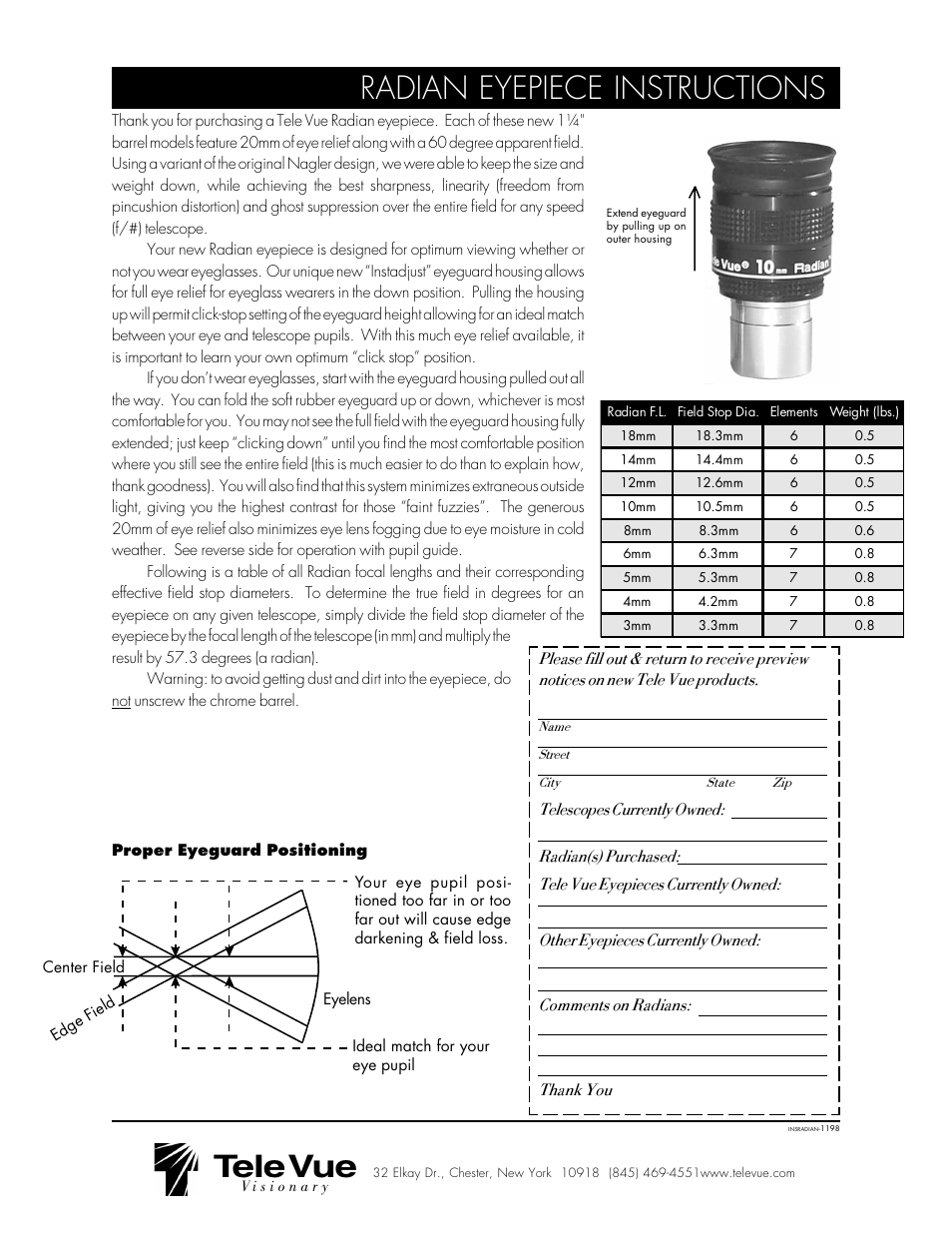 Tele Vue Radian Eyepiece User Manual | 2 pages