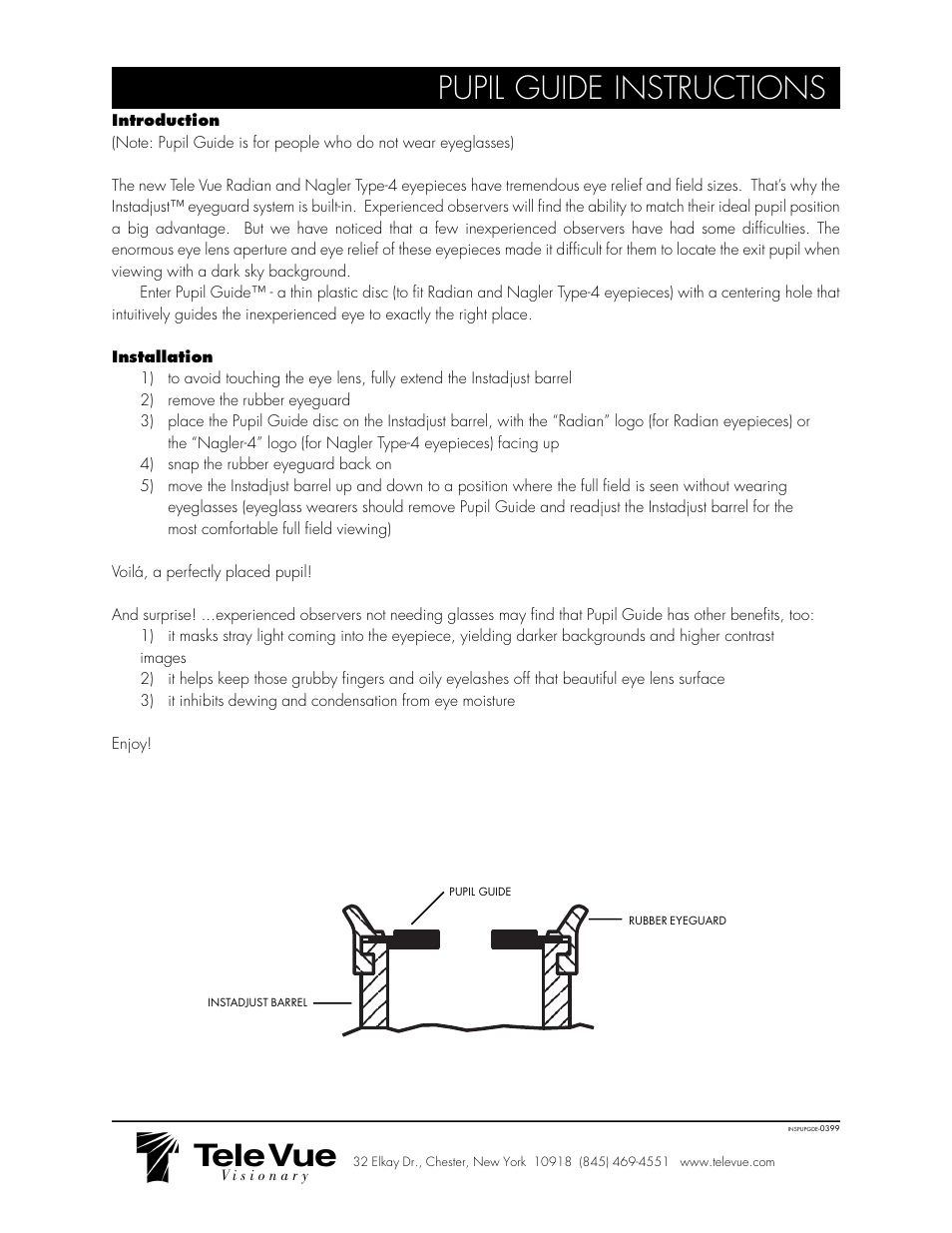 Pupil guide instructions, Tele vue | Tele Vue Radian Eyepiece User Manual | Page 2 / 2