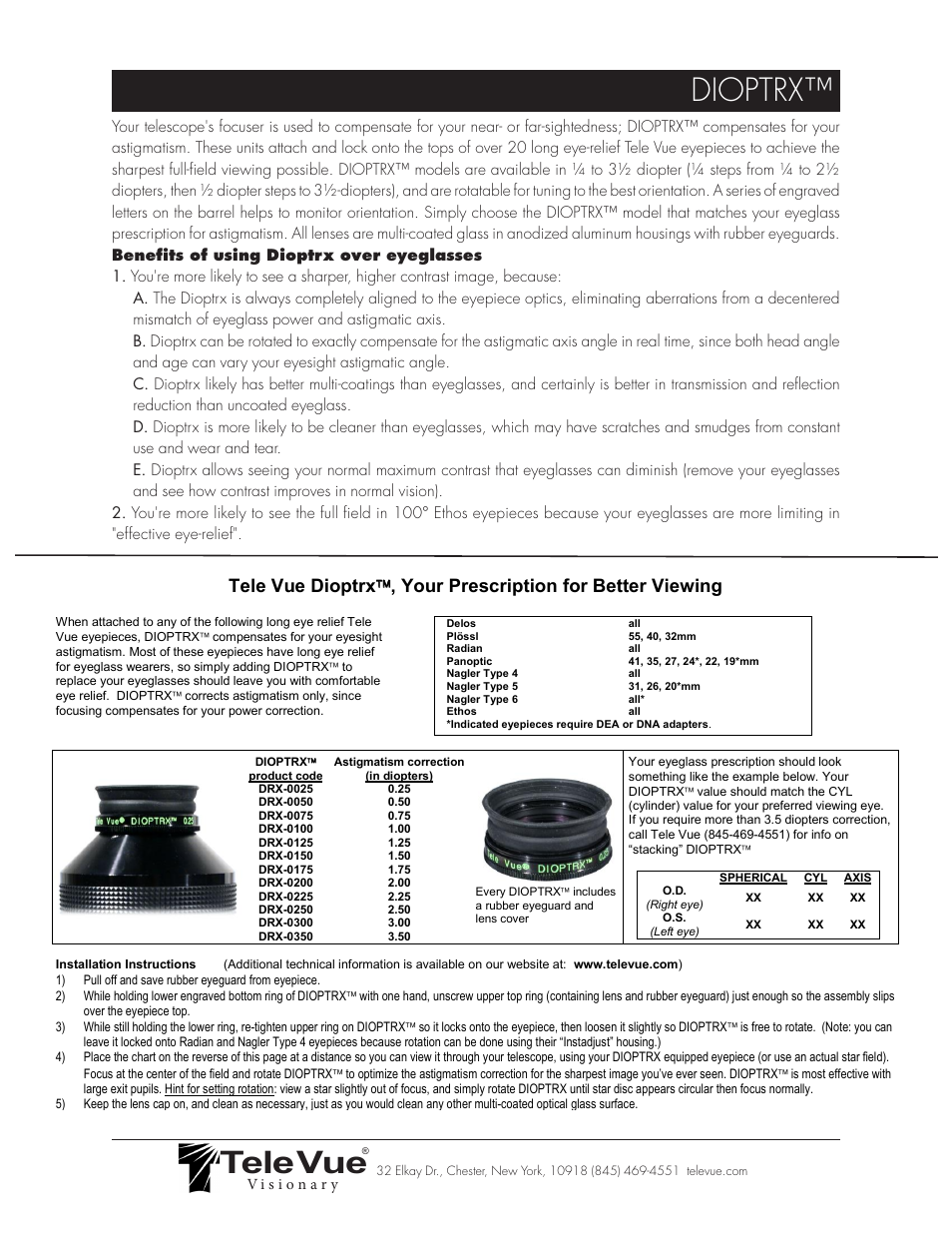 Dioptrx, Tele vue | Tele Vue Delos Eyepiece User Manual | Page 2 / 2