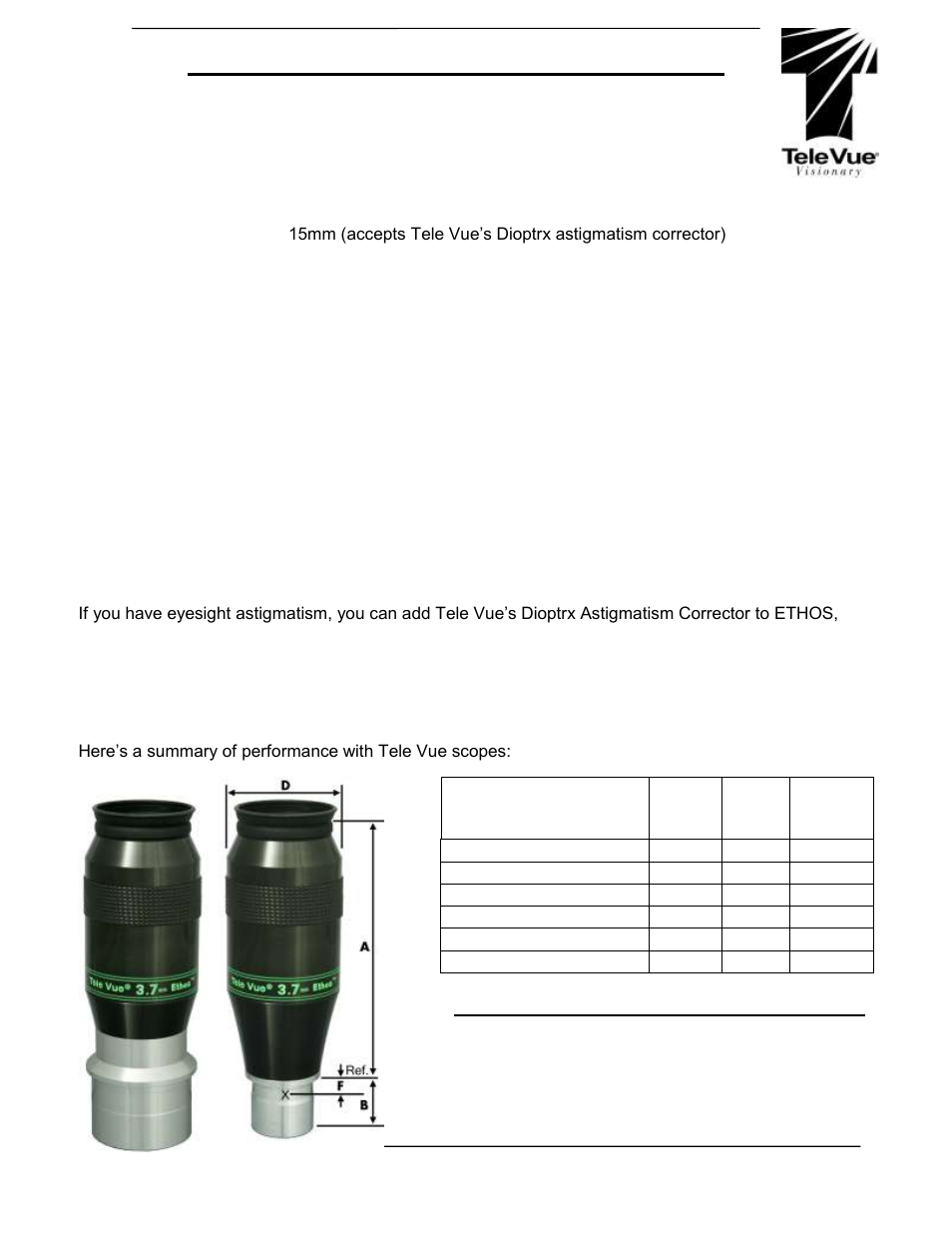 Tele Vue 3.7mm Ethos Eyepiece User Manual | 2 pages