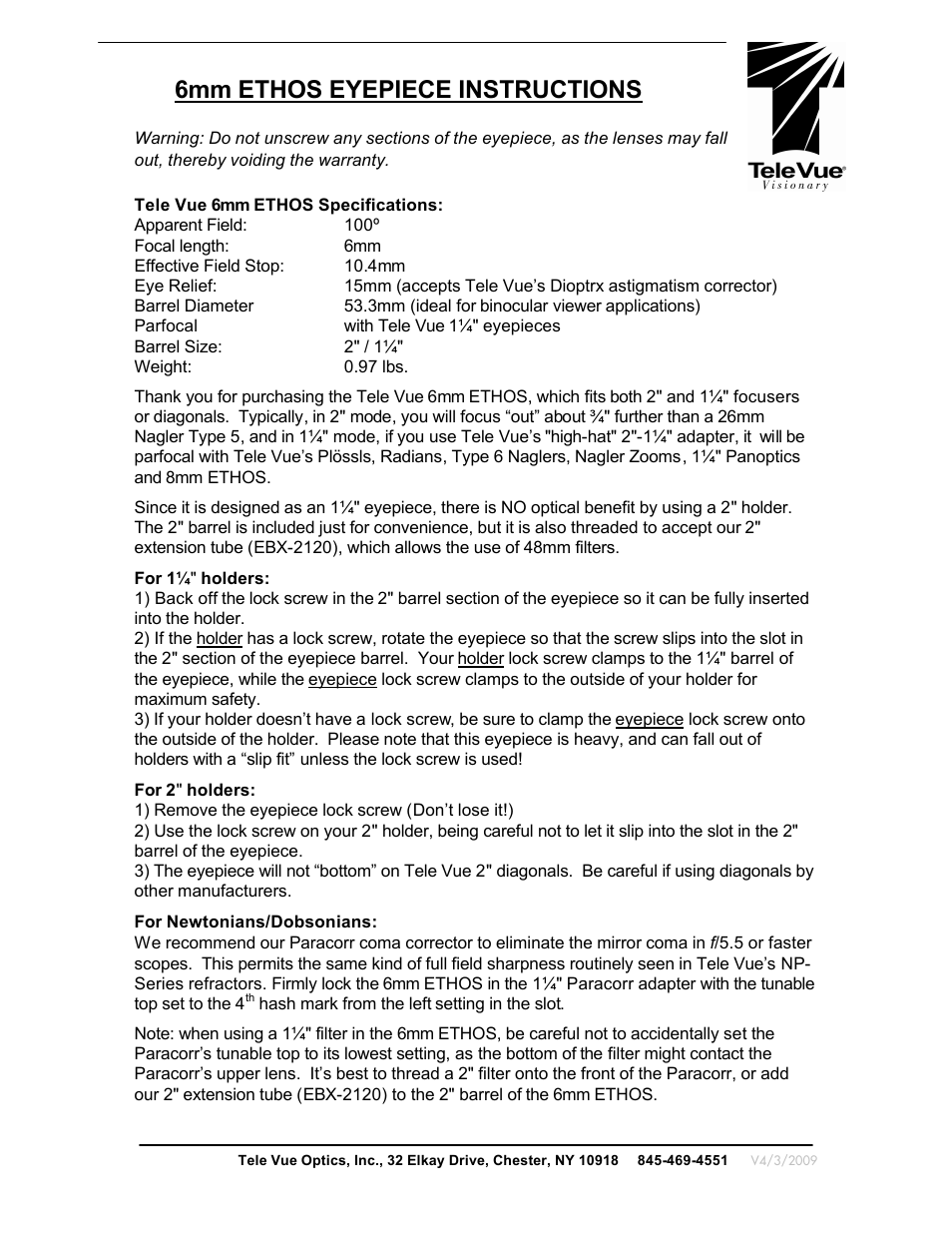 Tele Vue 6mm Ethos Eyepiece User Manual | 2 pages