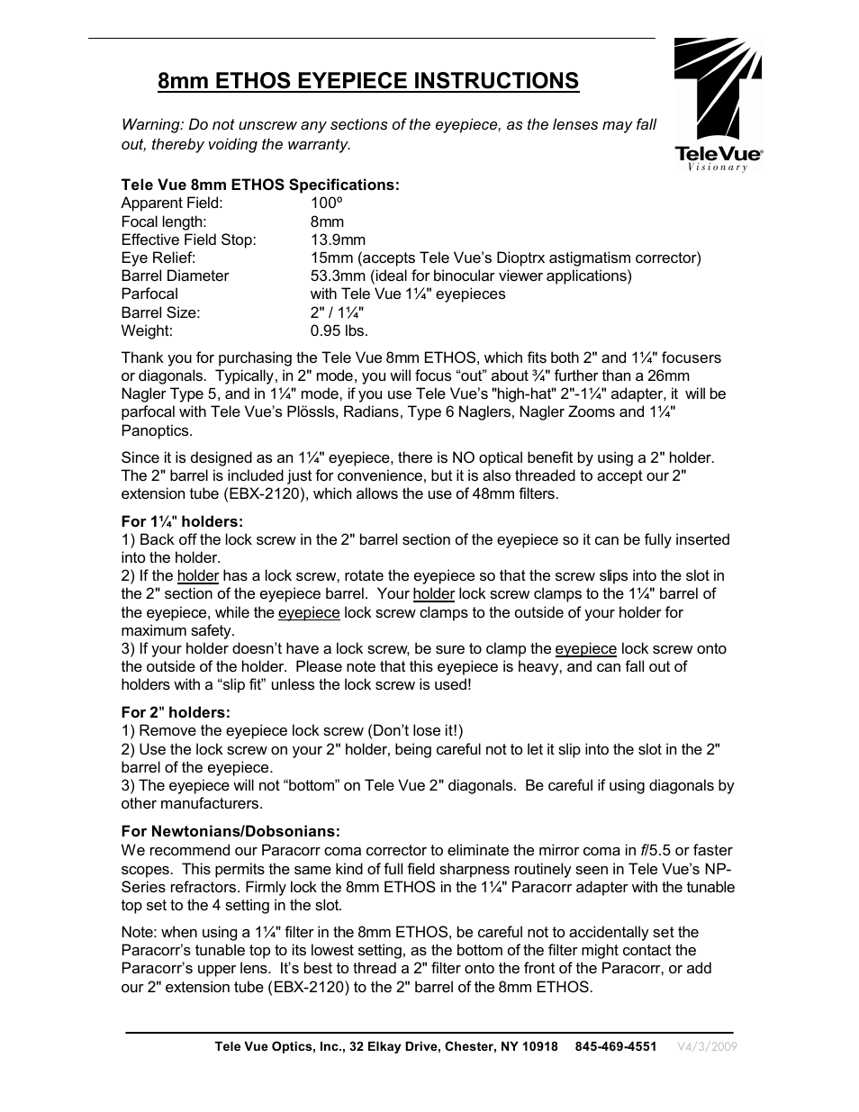 Tele Vue 8mm Ethos Eyepiece User Manual | 2 pages