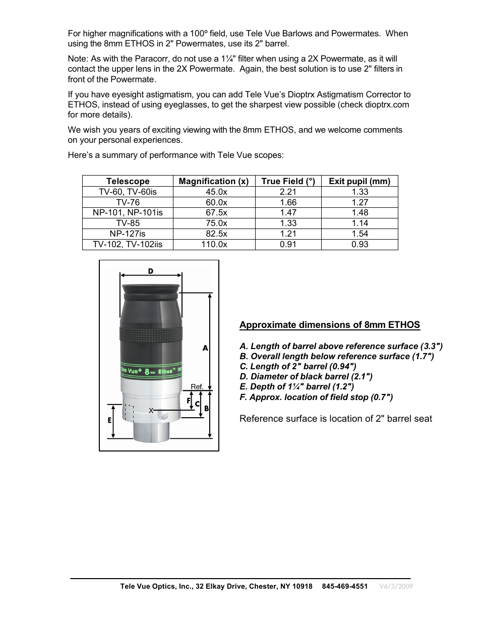 Tele Vue 8mm Ethos Eyepiece User Manual | Page 2 / 2