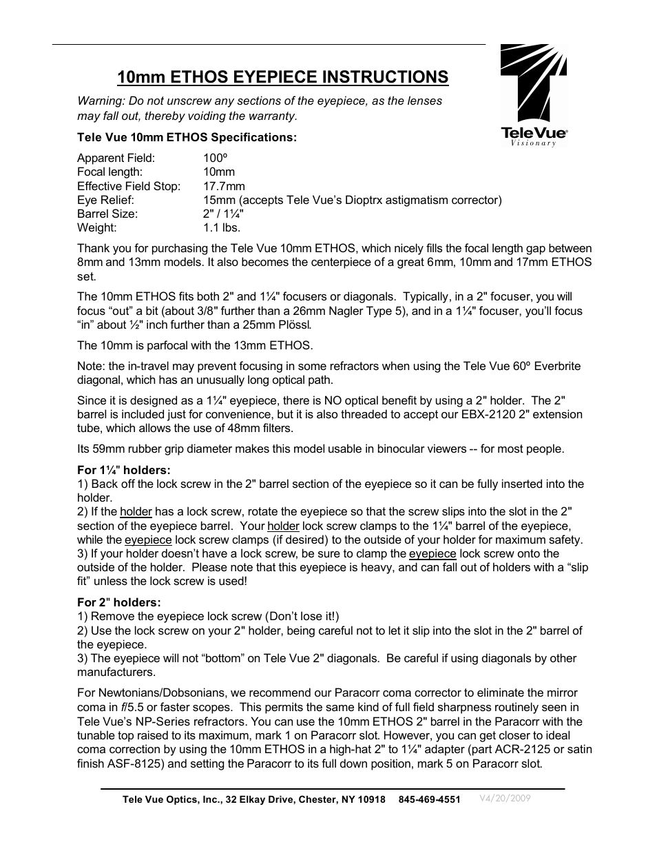 Tele Vue 10mm Ethos Eyepiece User Manual | 2 pages