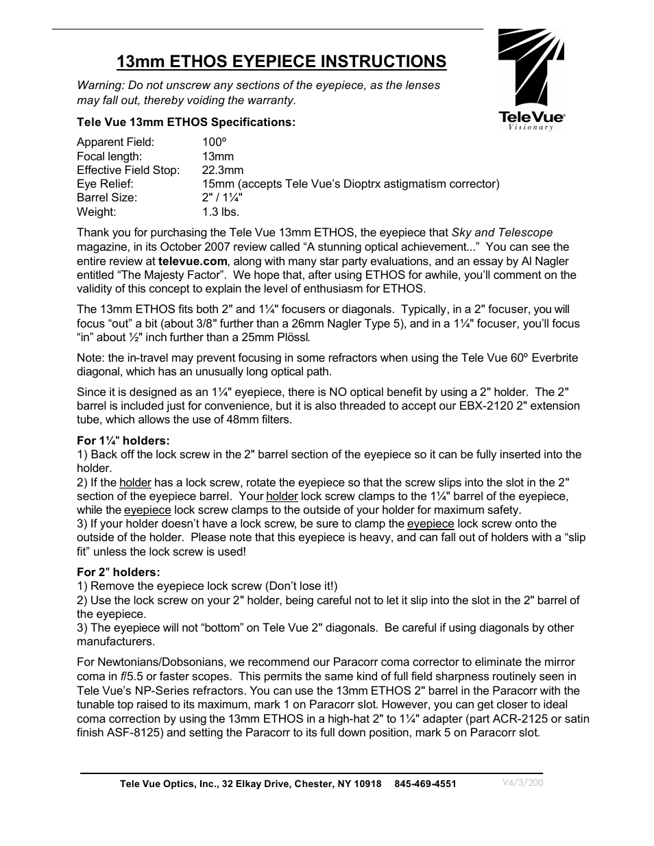 Tele Vue 13mm Ethos Eyepiece User Manual | 2 pages