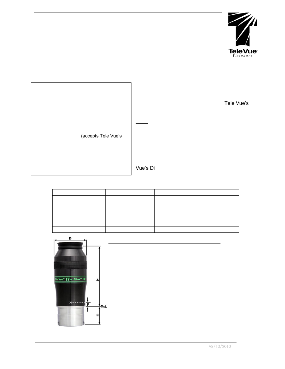 Tele Vue 17mm Ethos Eyepiece User Manual | 2 pages