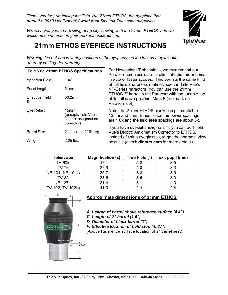 Tele Vue 21mm Ethos Eyepiece User Manual | 2 pages