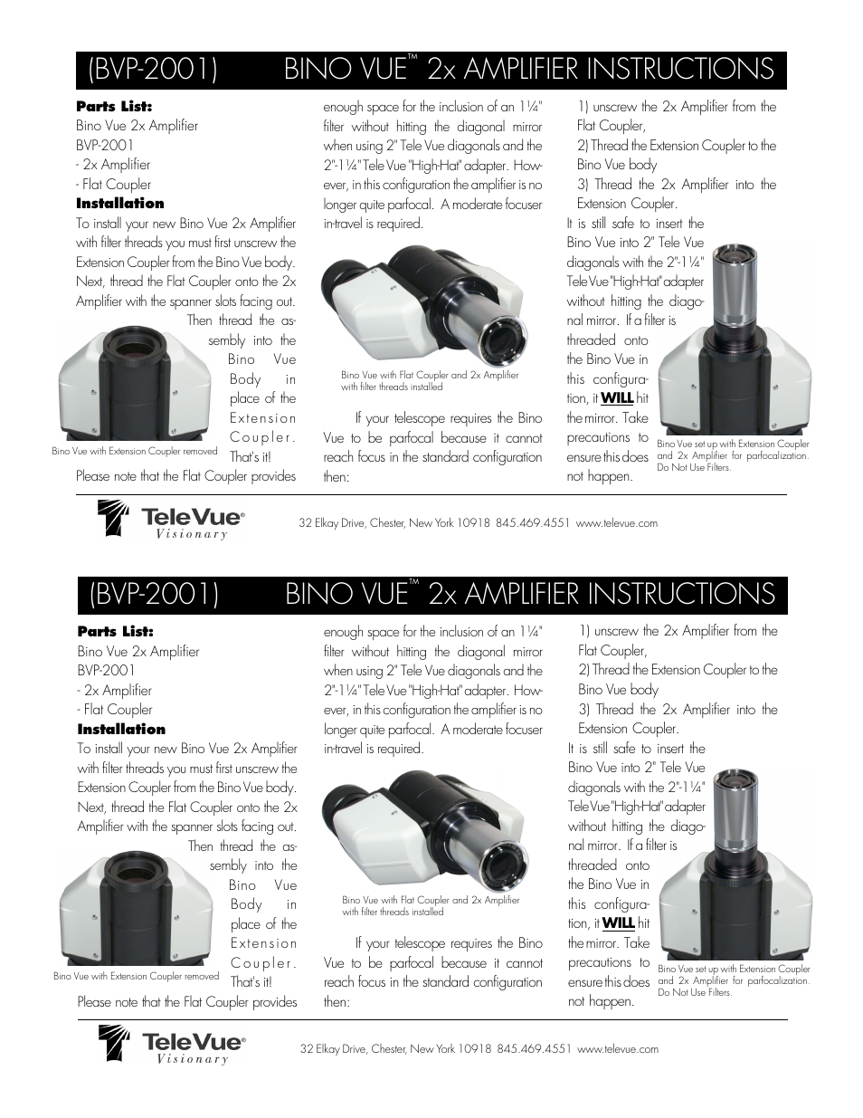 Tele Vue Bino Vue 2x Amplifier (BVP-2001) User Manual | 1 page