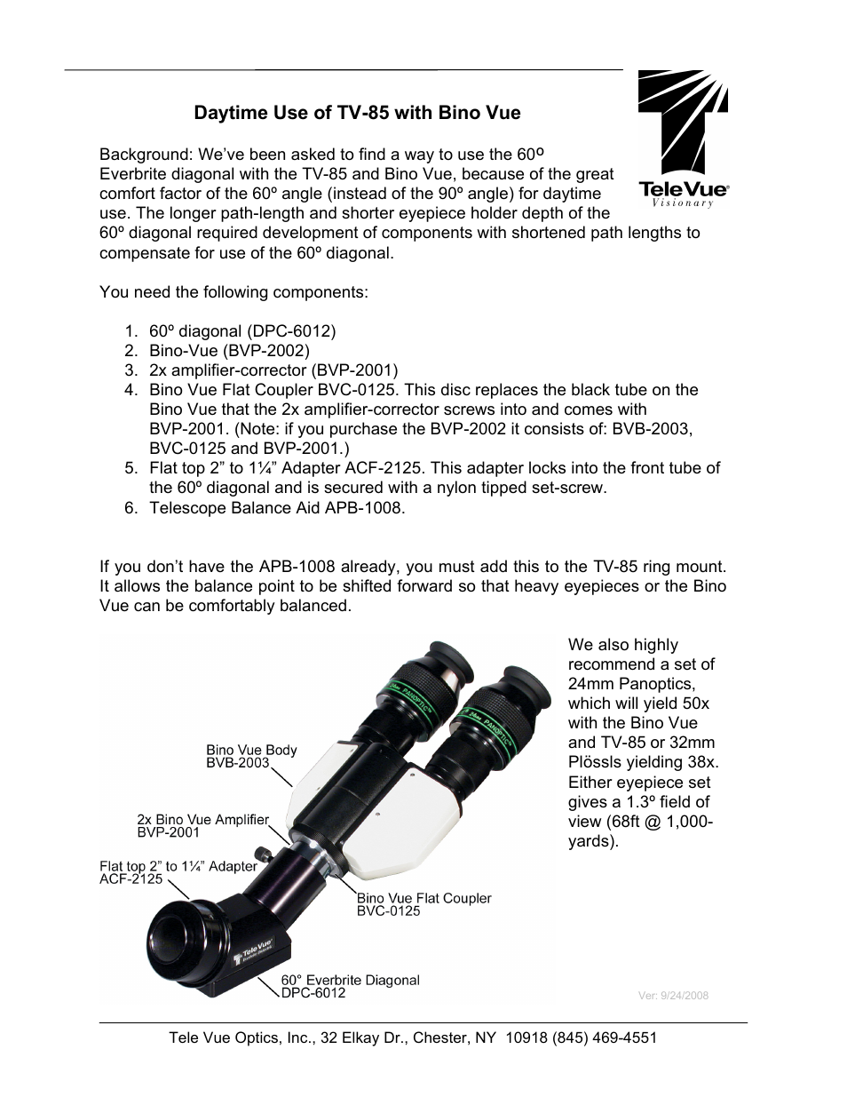 Tele Vue Daytime Use of TV-85 with Bino Vue User Manual | 1 page