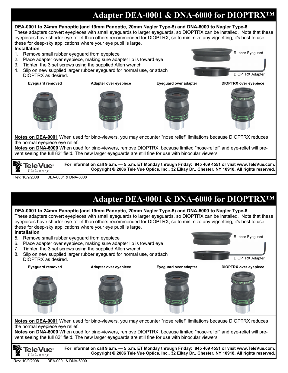 Tele Vue Adapter DEA-0001 and DNA-6000 for DIOPTRX User Manual | 1 page