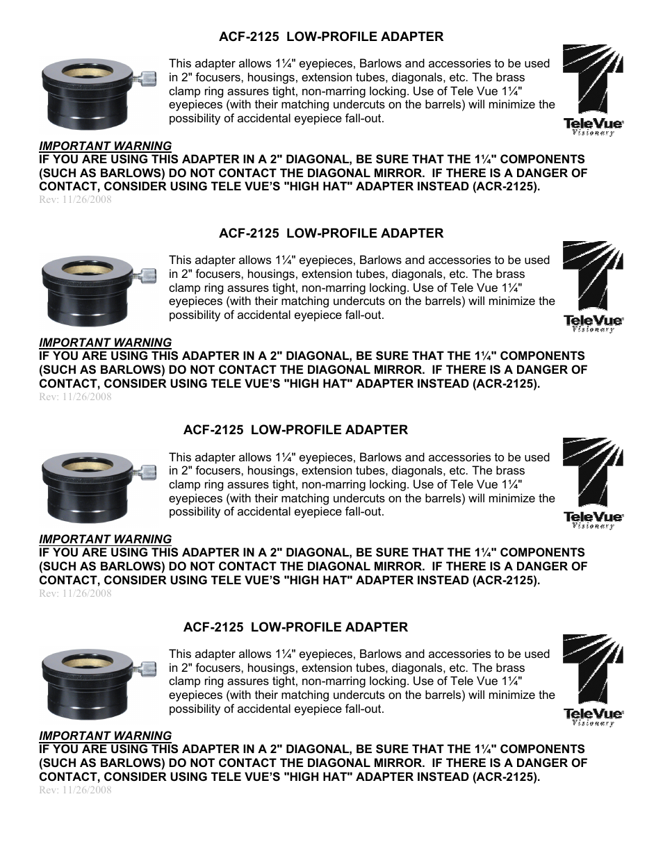 Tele Vue ACF-2125 Low-Profile Adapter User Manual | 1 page