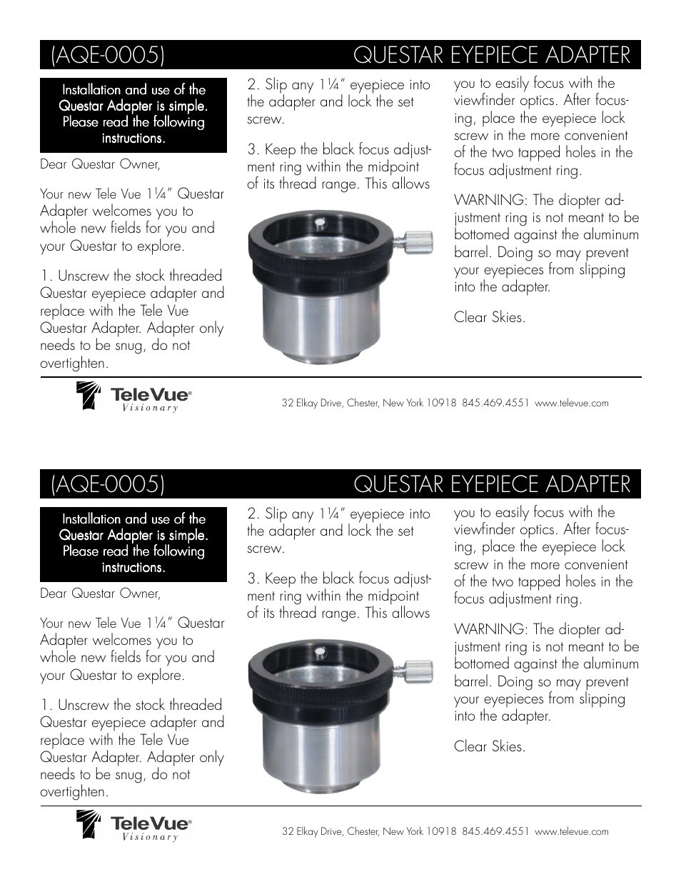 Tele Vue Questar Eyepiece Adapter (AQE-0005) User Manual | 1 page