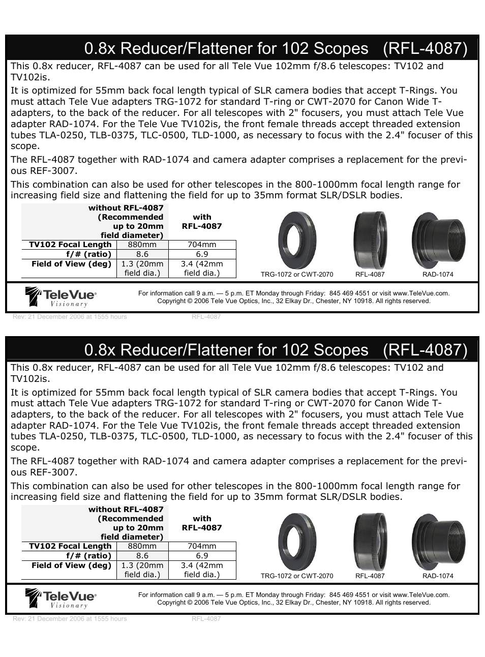 Tele Vue 0.8x Reducer/Flattener for 102 Scopes (RFL-4087) User Manual | 1 page