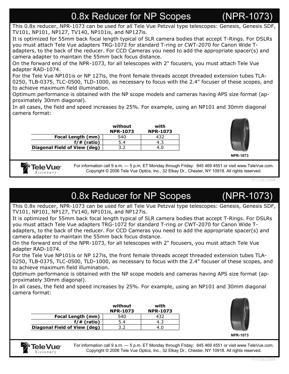 Tele Vue 0.8x Reducer for NP Scopes (NPR-1073) User Manual | 1 page